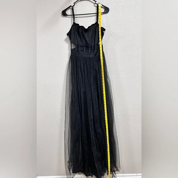 Windsor Black Tulle Cutout Waist Spaghetti Strap Leg Slit Formal Gown Large Prom - Picture 12 of 13